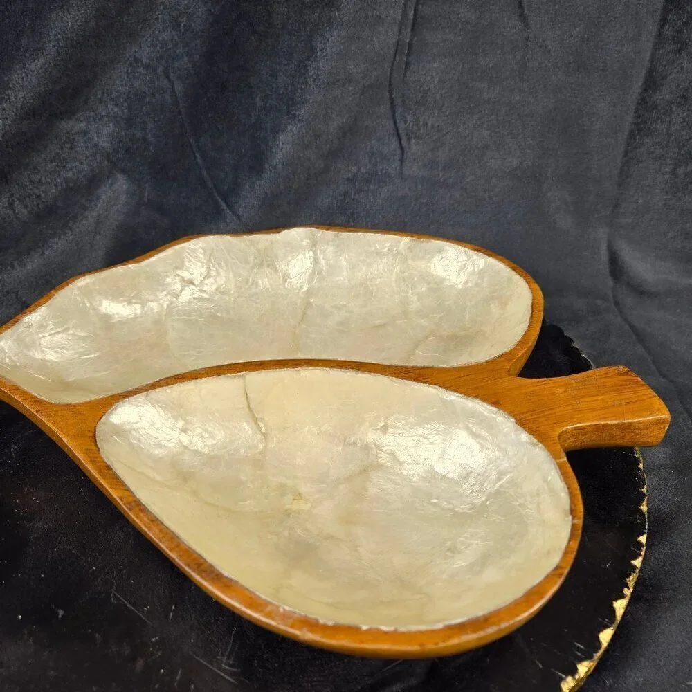 Vintage Two Section Leaf Dish Monkey Pod Wood with White Capiz Shell Inlay
